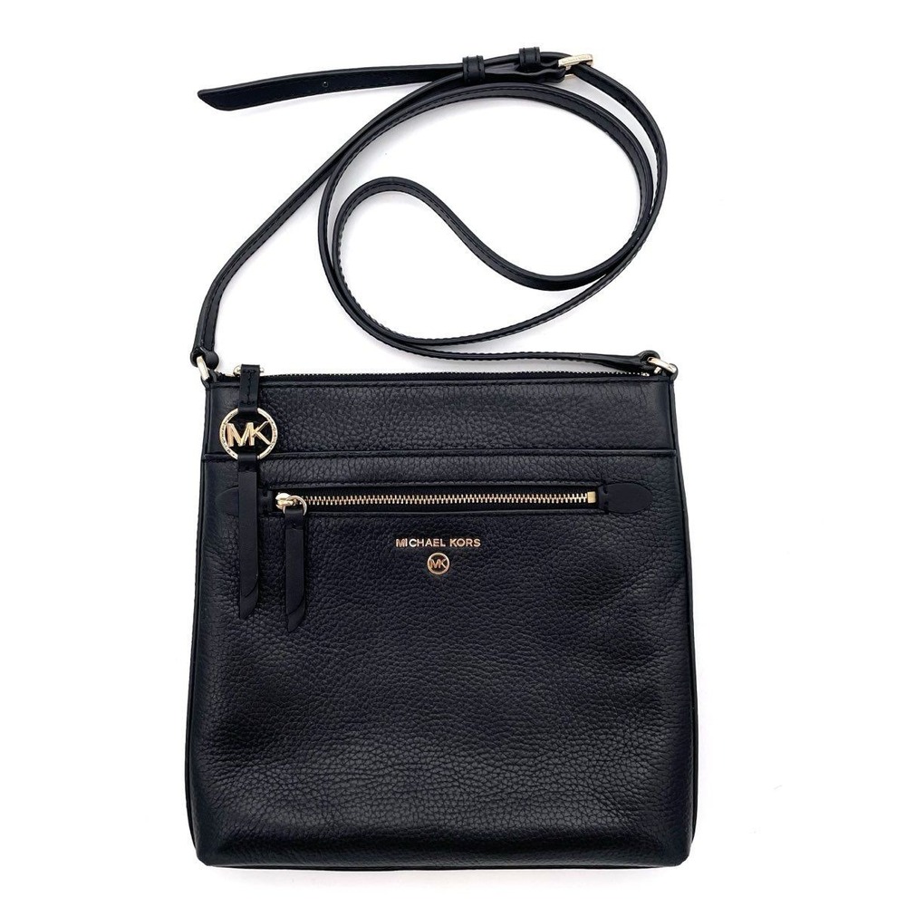 Michael Kors Black Pebbled Leather Jet Set Crossbody Bag Gold Hardware COA